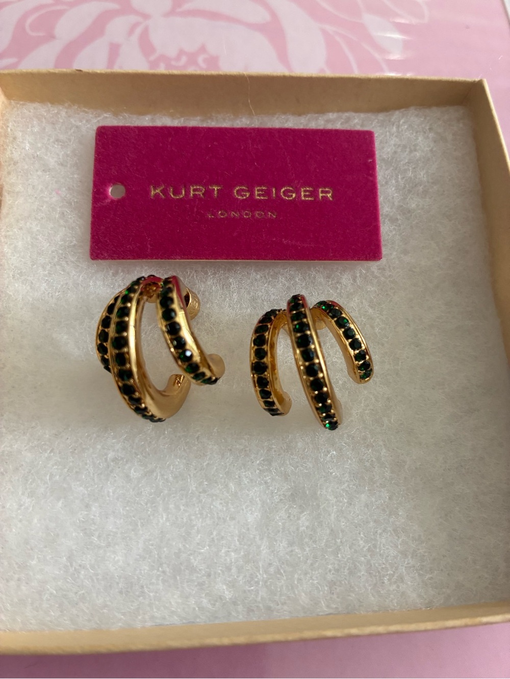 Kurt Geiger Gold Triple-Row Hoop Earrings with Green Stones - Picture 2 of 3